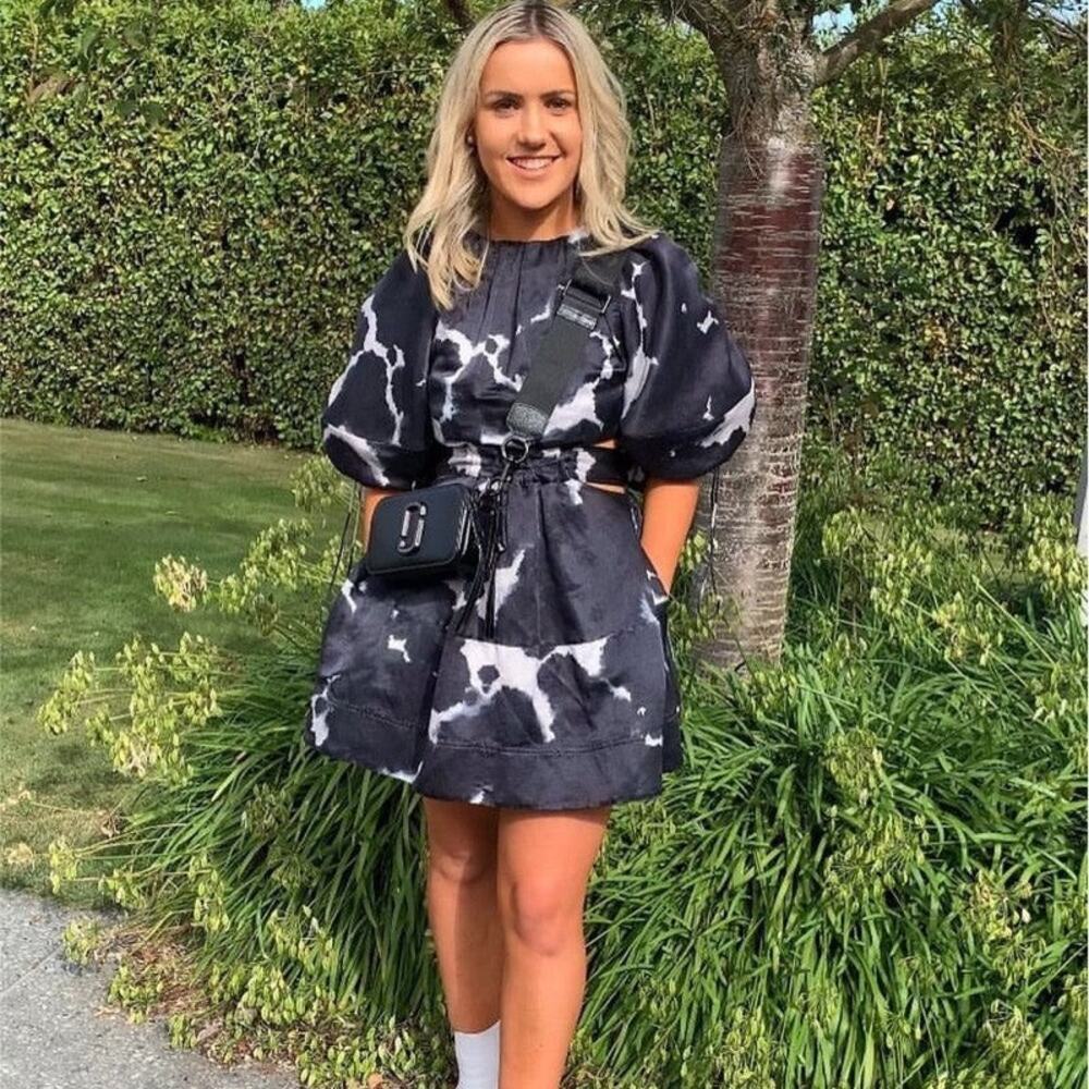 AJE Oxidised Puff-sleeved Cutout Linen-blend Mini Dress navy blue size US 2 AU 6 - Picture 11 of 16